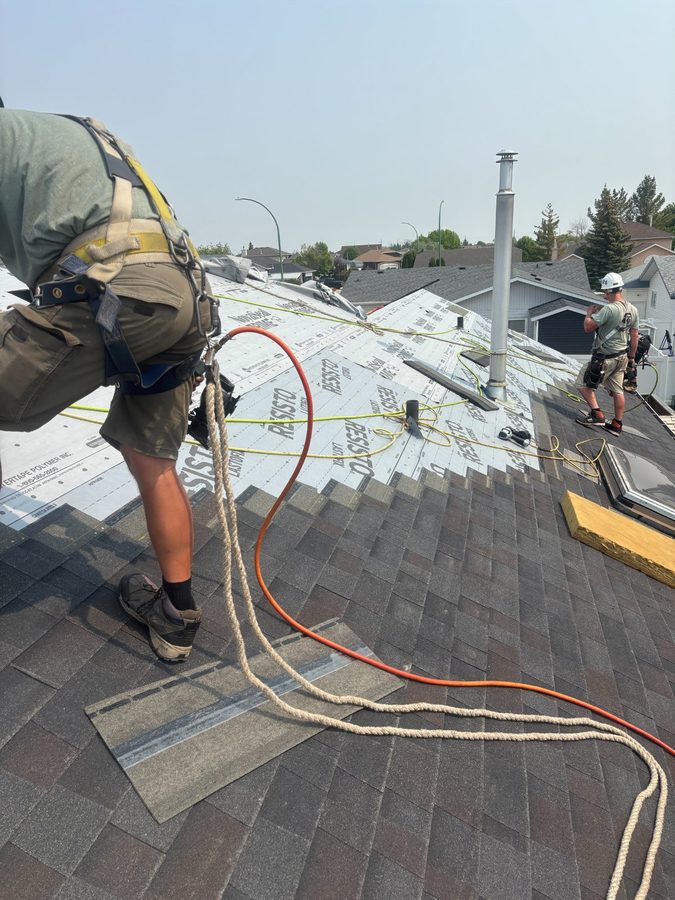 Molnar Roofing crew members installing architectural shingles with safety harnesses on a Yorkton Saskatchewan home
